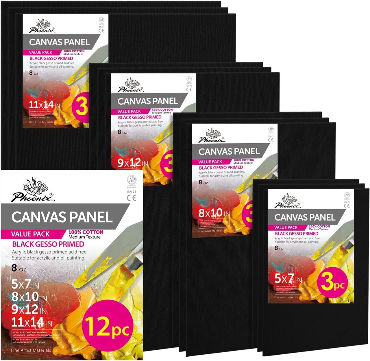 PHOENIX Black Canvas Panels 11X14 Inch, 6 Pack - 8 Oz Triple Primed 100%  Cotton Acid Free Canvases for Painting, Blank Flat Canvas Boards for  Acrylic, Oil, Tempera, Metallic, Neon Painting & Crafts